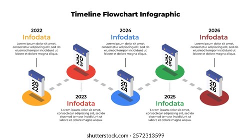 Timeline flowchart infographic template showing information or data for 5 years. 3D isometric illustration. Isolated vector for banner, poster, presentation, infographic,  web, apps, and other uses.