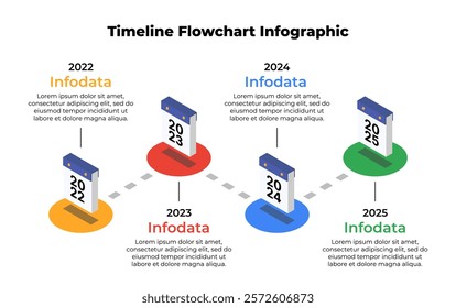 Timeline flowchart infographic template showing information or data for 4 years. 3D isometric illustration. Isolated vector for banner, poster, presentation, infographic,  web, apps, and other uses.