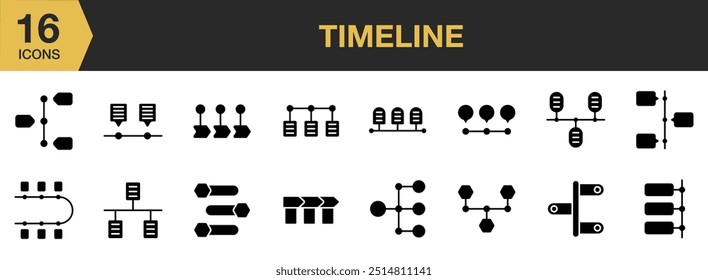 Timeline Glyph icon set. Includes timeline icons and More. Solid icons vector collection.