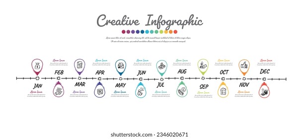 La mano de la línea de tiempo dibujada durante 1 año, 12 meses, infografías de todo el mes diseño del planificador y el negocio de presentación se pueden utilizar para diseño de flujo de trabajo, diagrama de procesos, diagrama de flujo. Vector infográfico de Doodle.