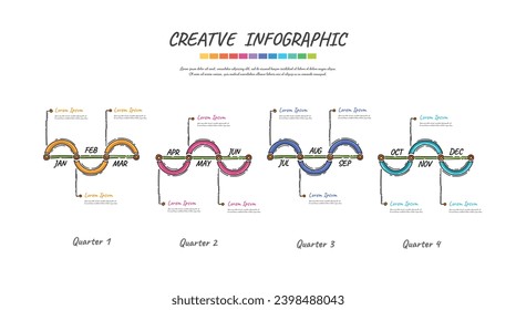 Timeline hand drawn for 1 year, 12 months, infographics all month planner design and Presentation business can be used for workflow layout, process diagram, flow chart. Doodle infographic vector.