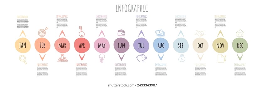 Timeline hand drawn for 1 year, 12 months. Doodle infographics all month planner and Presentation business. Infographic vector.