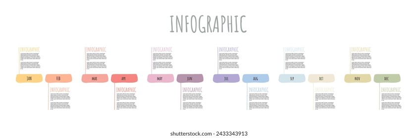Timeline hand drawn for 1 year, 12 months. Doodle infographics all month planner and Presentation business. Infographic vector.
