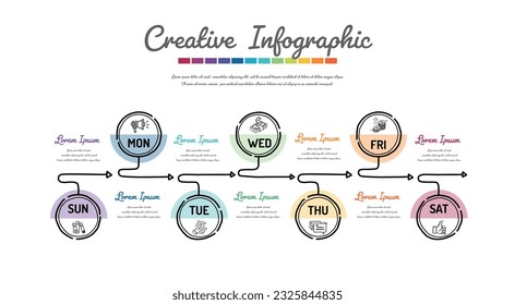 El trabajo realizado a mano por la línea de tiempo para 7 días, semana, el vector de diseño de infografías y Presentación se puede utilizar para diseño de flujo de trabajo, diagrama de procesos, diagrama de flujo. Vector infográfico de Doodle.