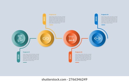 Timeline horizontal base infographic with glossy gradient style with big circle double layer with line separator upside down with four segment information vector