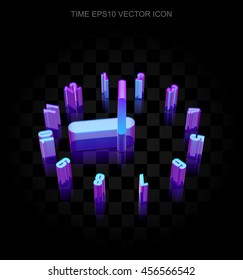 Timeline icon: 3d neon glowing Clock made of glass with transparent shadow on black background, EPS 10 vector illustration.
