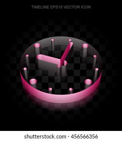 Timeline icon: Crimson 3d Clock made of paper tape on black background, transparent shadow, EPS 10 vector illustration.