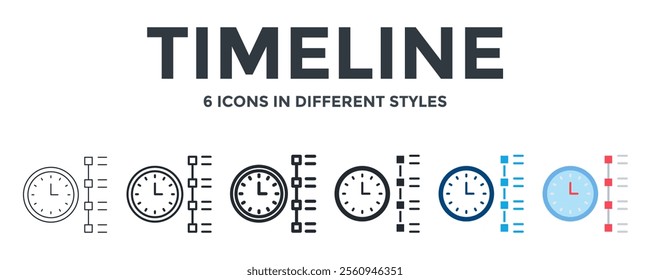 TIMELINE icon in different style vector illustration. Designed in thin line, regular line, bold line, glyph, color fill, and flat style can be used for web