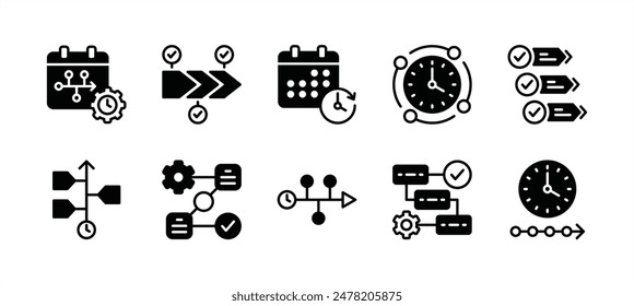 Timeline icon set. Containing guideline, workflow, information, progress, step, management, schedule, hierarchy, infographic, organisation, procedure, system, scheme for event. Vector illustration