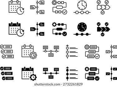 Conjunto de iconos de línea de tiempo. Símbolo de gestión del tiempo y Plan de acción. Contiene planificación, gerente, calendario, logro, programación, eficiencia, flujo de trabajo, negocio, organización y más. Ilustración vectorial.