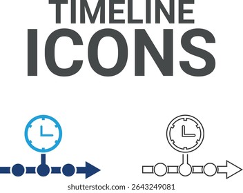 Timeline icons, Line art icons, Timer, alarm, schedule, hourglass, clock icons. Solid icon collection.