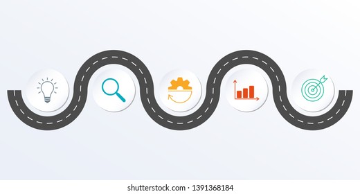 Timeline ifographic design with winding road map. 5 steps, options or levels. Info graphic for business process, progress, presentation, workflow layout, banner, web design. Vector illustration.