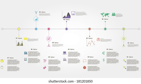 Timeline info graphics with 21 icons, 1 world map and 3 different kinds of diagram. Altogether file contains 14 groups of  elements, which can be ungrouped, combined or recolored.