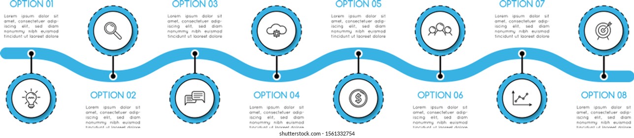 Timeline infograph with business icons and 8 steps. Vector
