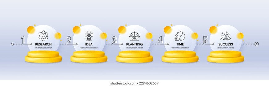 Timeline infograph chart with 5 steps. 3d podium product stage. Template diagram with Research, Planning, Time and Success icons. Timeline infographic diagram. Products podium background. Vector