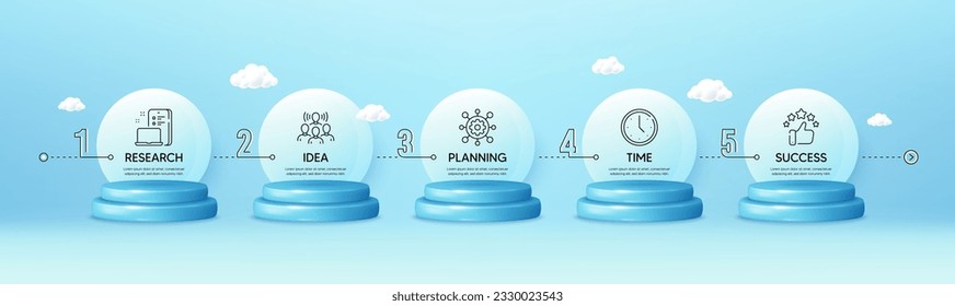 Timeline infograph chart with 5 steps. 3d podium product stage. Template diagram with Research, Planning, Time and Success icons. Timeline infographic diagram. Products podium background. Vector