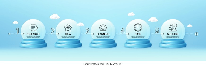 Timeline infograph chart with 5 steps. 3d podium product stage. Process diagram with Research, Planning, Time and Success icons. Timeline infographic template. Products podium background. Vector