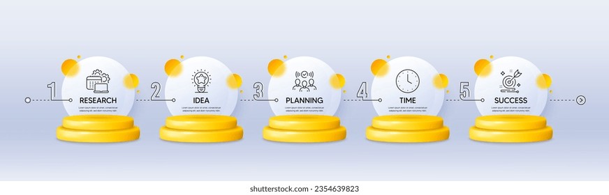 Timeline infograph chart with 5 steps. 3d podium product stage. Process diagram with Research, Planning, Time and Success icons. Timeline infographic template. Products podium background. Vector