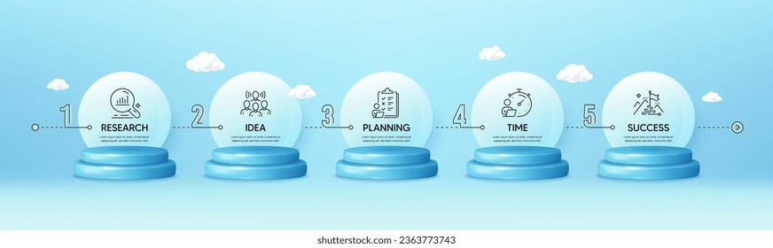 Gráfico de infografías de la línea de tiempo con 5 pasos. 3d fase del producto podio. Diagrama de plantillas con iconos de Investigación, Planificación, Tiempo y Éxito. Diagrama de infografía de la línea de tiempo. Fondo del podio de los productos. Vector
