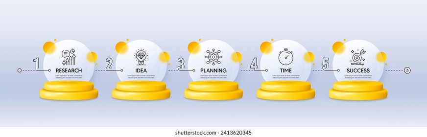 Timeline infograph chart with 5 steps. 3d podium product stage. Process diagram with Research, Planning, Time and Success icons. Timeline infographic template. Products podium background. Vector