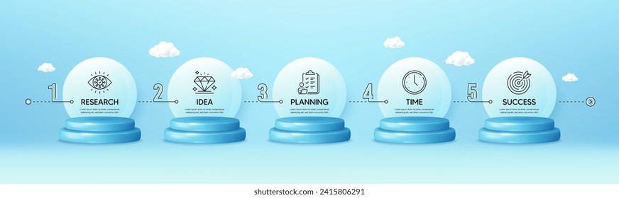 Timeline infograph chart with 5 steps. 3d podium product stage. Process diagram with Research, Planning, Time and Success icons. Timeline infographic template. Products podium background. Vector