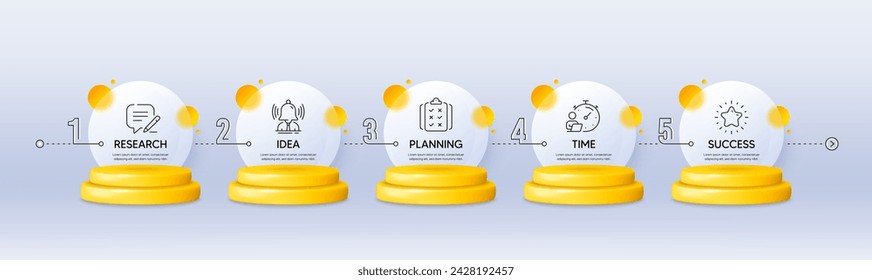 Timeline infograph chart with 5 steps. 3d podium product stage. Process diagram with Research, Planning, Time and Success icons. Timeline infographic template. Products podium background. Vector