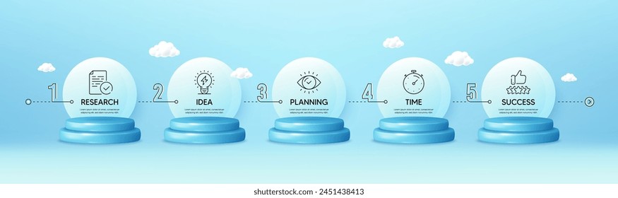 Timeline infograph chart with 5 steps. 3d podium product stage. Process diagram with Research, Planning, Time and Success icons. Timeline infographic template. Products podium background. Vector