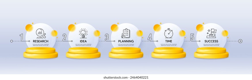 Timeline infograph chart with 5 steps. 3d podium product stage. Template diagram with Research, Planning, Time and Success icons. Timeline infographic diagram. Products podium background. Vector