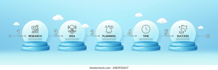 Timeline infograph chart with 5 steps. 3d podium product stage. Template diagram with Research, Planning, Time and Success icons. Timeline infographic diagram. Products podium background. Vector