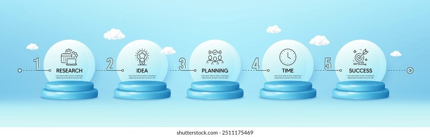 Timeline infograph chart with 5 steps. 3d podium product stage. Process diagram with Research, Planning, Time and Success icons. Timeline infographic template. Products podium background. Vector