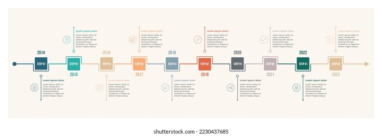 Infografía de la línea de tiempo con 10 pasos. Plantilla de negocio de vector de línea de tiempo colorida. Diseño anual de plantillas de infografía de línea de tiempo de negocios 