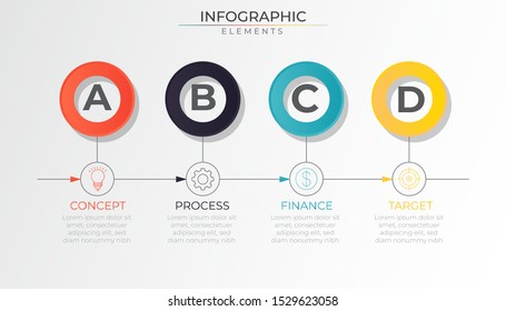 Timeline Infographic with 4 colorful circle elements. Chart process template. Minimal Vector illustration for company or corporate business project and presentation. Trendy Eps10 design