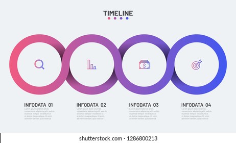 Timeline infographic with 4 options, circles, processes and marketing icons. Vector illustration. Can be used for workflow diagram, presentation, annual report, creative design elements.