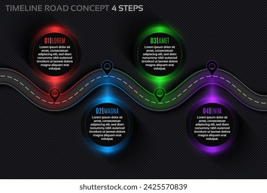 Timeline infographic 4 steps timeline concept. Winding road. Vector illustration