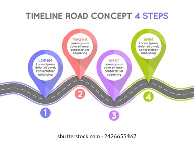 Timeline infographic 4 steps timeline concept. Winding road. Vector illustration