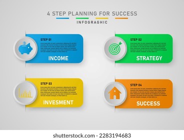 infografía de línea de tiempo 4 pasos para planificar el éxito Círculos multicolores y cuadrados brillantes. Varios iconos. Diseño para negocios, marketing, inversión, planificación.