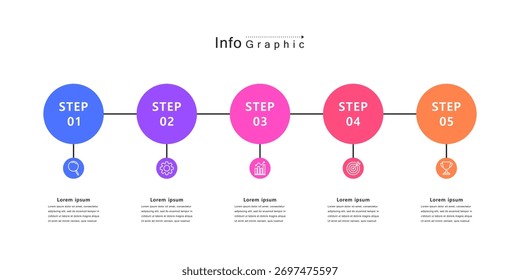 Infografía de línea de tiempo con 5 pasos circulares e íconos de línea coloridos Diseño de Vector plano para presentación de negocios, flujo de trabajo, gestión de proyectos o visualización de estrategias.