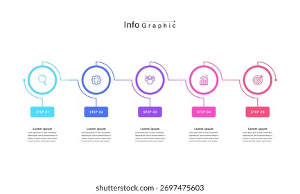 timeline infographic with 5 circular steps and colorful line icons. Minimal vector design for business presentation, workflow, project management, or strategy visualization.