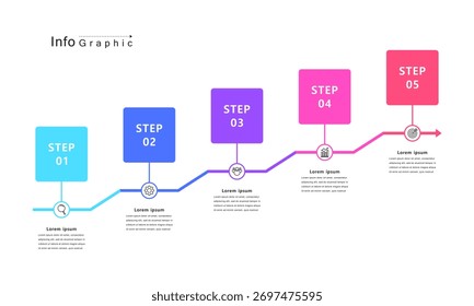 timeline infographic with 5 colorful steps in square shapes. ladder vector design for business presentation, workflow, or project planning.