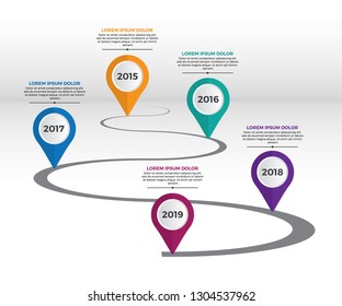 Timeline infographic 5 milestone like a road. business concept infographic template. Vector Infographic Company Milestones Timeline Template with pointers on a curved road line. Yearly infographic.