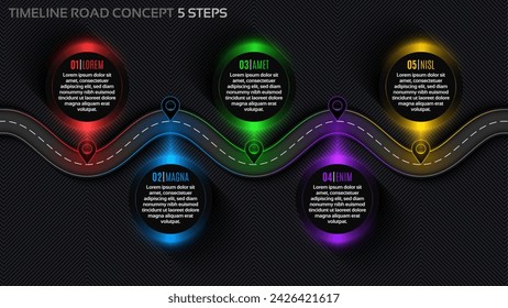 Timeline infographic 5 steps timeline concept. Winding road. Vector illustration