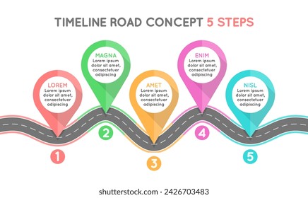Timeline Infografik 5 Schritte Timeline Konzept. Kurvige Straße. Vektorgrafik
