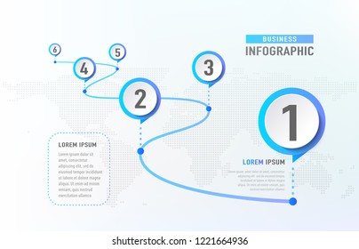 Timeline infographic 6 milestone like a road. Business concept infographic template. Vector illustration.