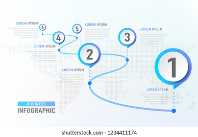 Timeline infographic 6 milestone like a road. Business concept infographic template. Vector illustration.