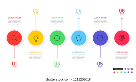 Timeline infographic with 6 steps, circle, marketing icons. Vector illustration. 