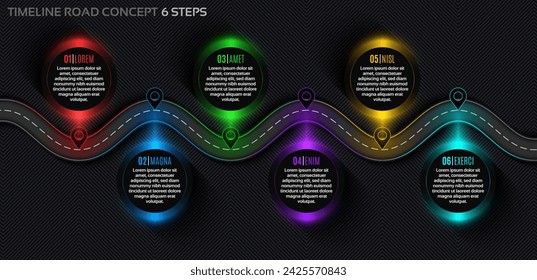 Zeitleiste Infografik 6 Schritte Zeitleiste Konzept. Kurvige Straße. Vektorgrafik
