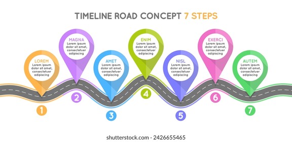Línea de tiempo infografía 7 pasos concepto de línea de tiempo. Sinuoso camino. Ilustración de vector
