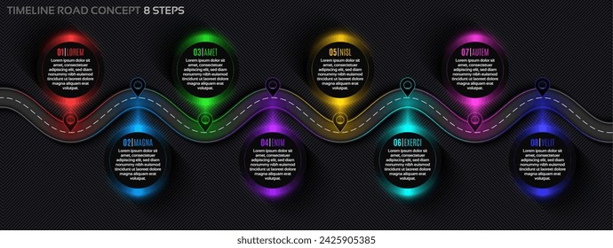 Timeline infographic 8 steps timeline concept. Winding road. Vector illustration