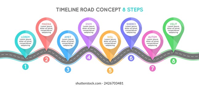 Timeline infographic 8 steps timeline concept. Winding road. Vector illustration