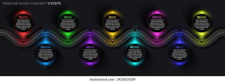 Timeline infographic 9 steps timeline concept. Winding road. Vector illustration